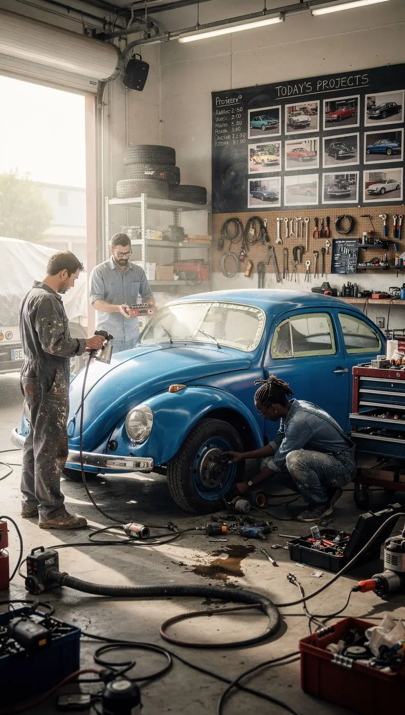 Classic car bodywork being expertly painted with precision in a state-of-the-art Los Angeles Cobalt restoration facility.