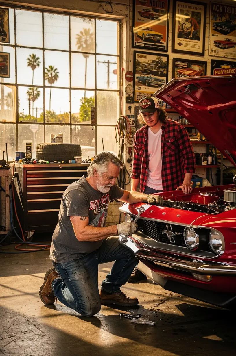 Wide view of a workshop floor filled with various vintage American and European cars in different stages of restoration.