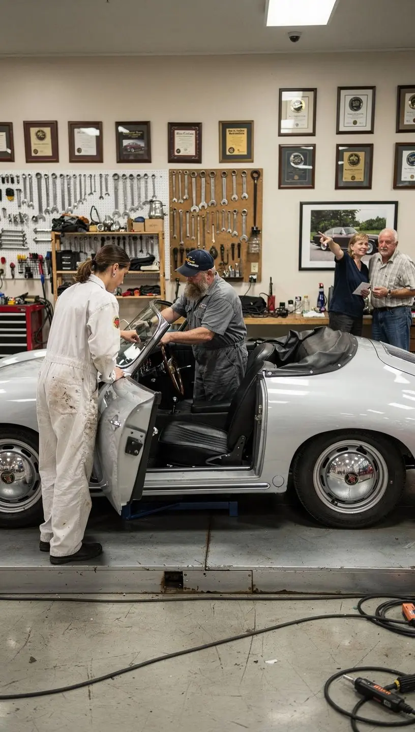 Skilled technician carefully polishing the chrome trim of a classic European convertible in a well-equipped garage.